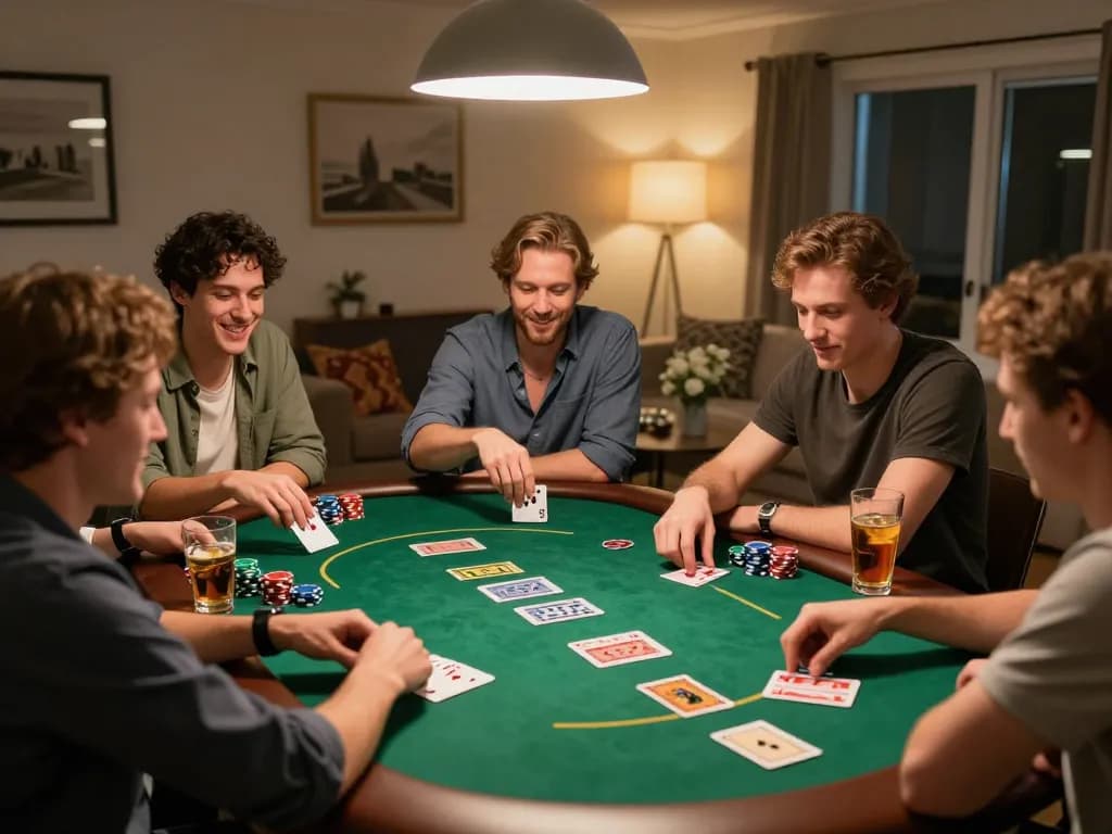 Players engaging in a fun home poker night while enjoying their time with friends at the table.
