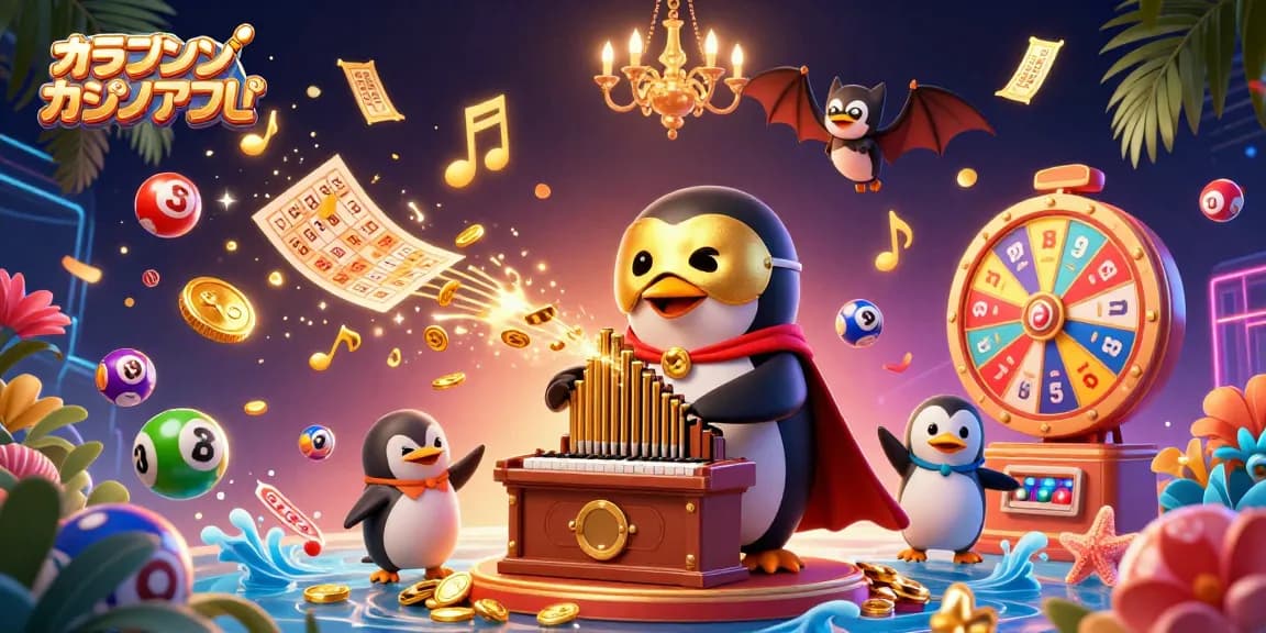 オンラインカジノ アプリで遊ぶ幽霊楽団のペンギンが黄金のコインを演奏し、華やかなミニゲームが展開する