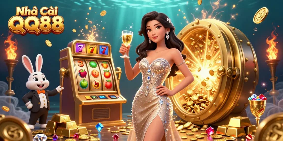 Engage in thrilling gameplay with Nhà Cái QQ88 and a dazzling jackpot experience surrounded by gold treasures.