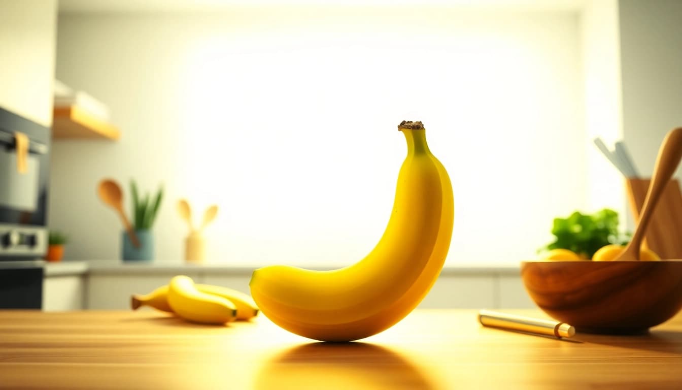 Vibrant nano banana showcased in a modern kitchen with natural lighting.