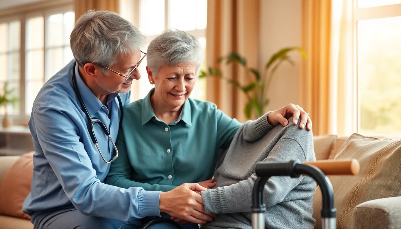 Engaging in home respite care, a professional caregiver aids an elderly individual in a comforting home environment.