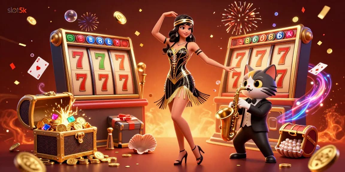 Experience the excitement of slot 5k with this vibrant 3D illustration showcasing dynamic casino elements and lively characters.