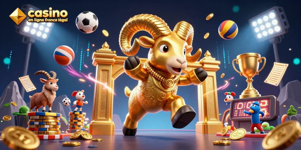Plongez dans l'univers du casino en ligne France légal avec un bélier d'or dans une scène dynamique pleine de jeux.