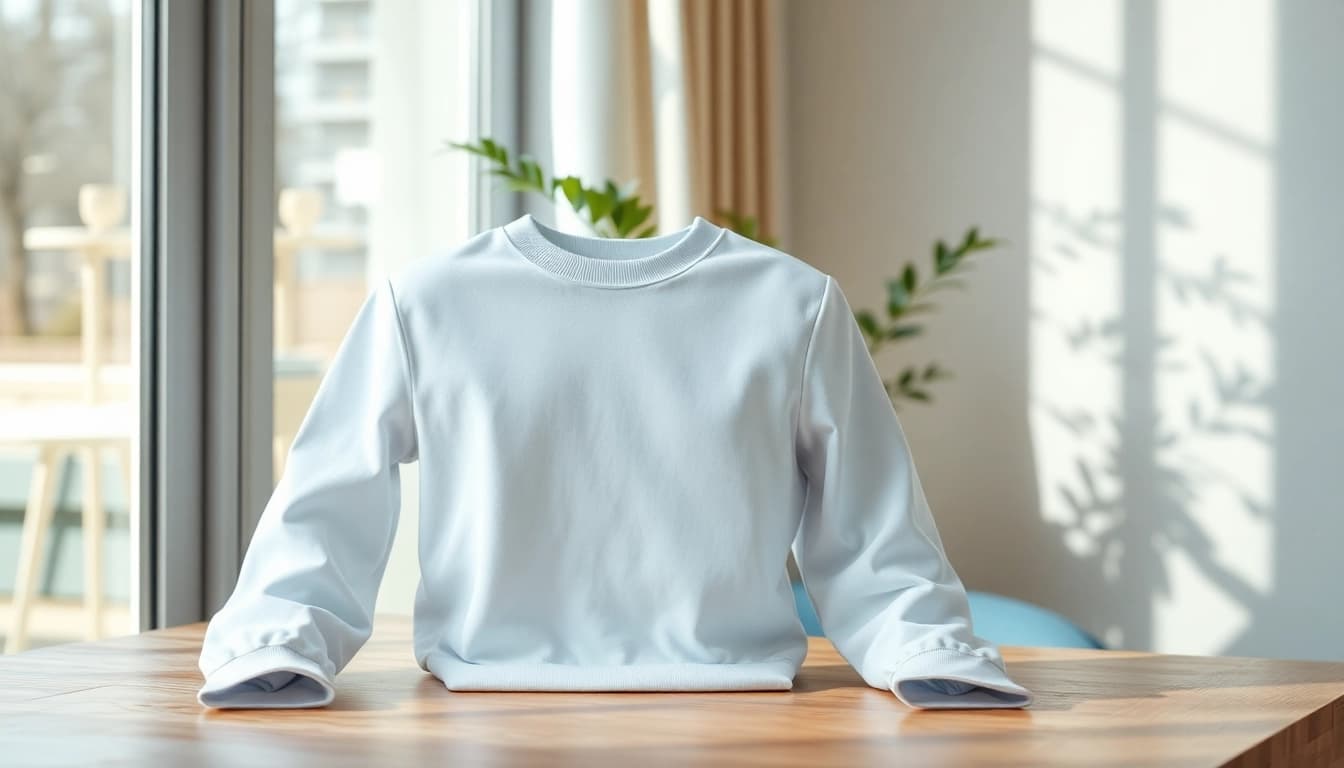 Showcasing a blank crewneck in soft blue hues with intricate details on a wooden surface.
