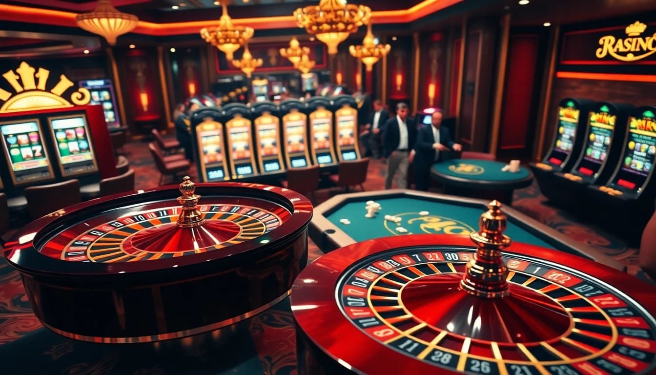 Play exclusive IDN slot games in an elegant casino setting with vibrant colors and thrilling action.
