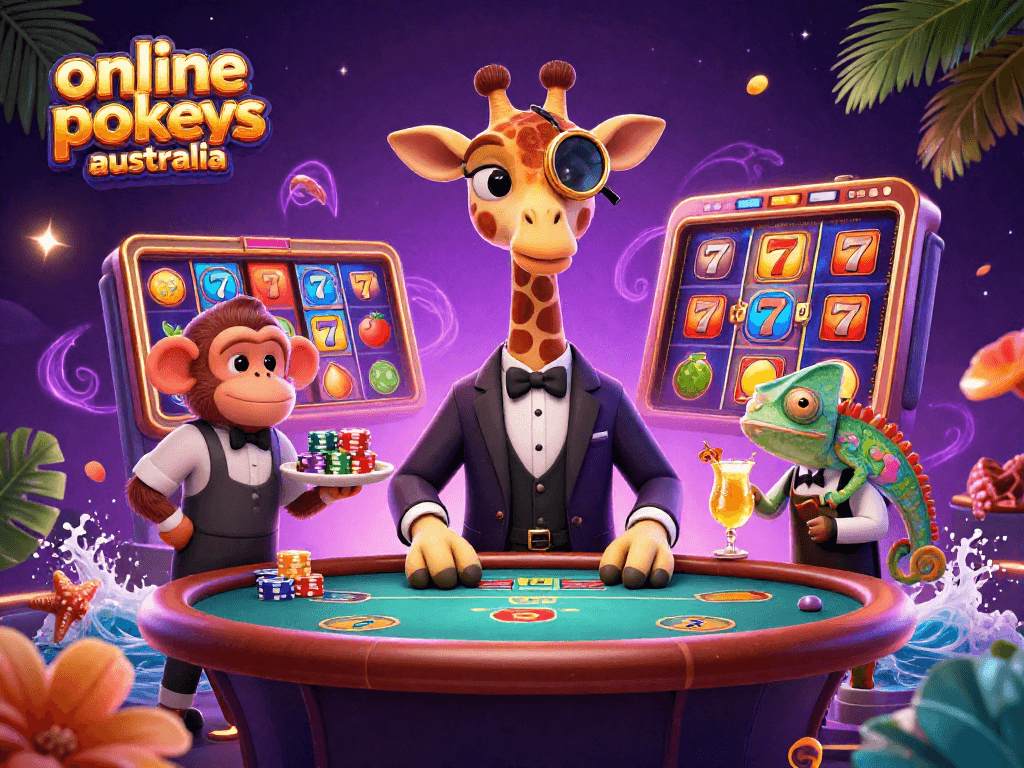 Engage with online pokies australia in a vibrant casino scene featuring a high-roller giraffe and dynamic gaming elements.