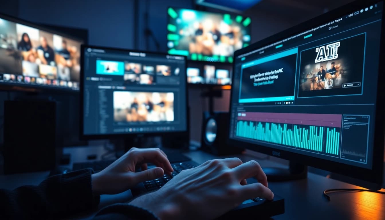 Video to prompt AI showcasing high-tech workspace with dual monitors and video editing tools