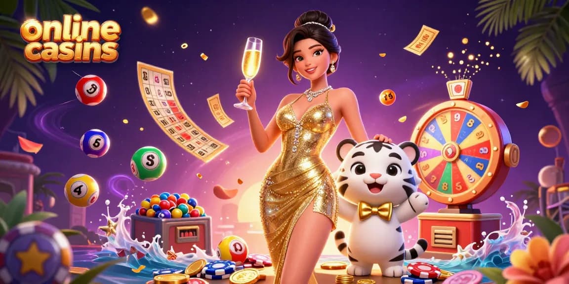 Join the excitement of online casinos with a glamorous lady and a lucky tiger in a vibrant casino scene.