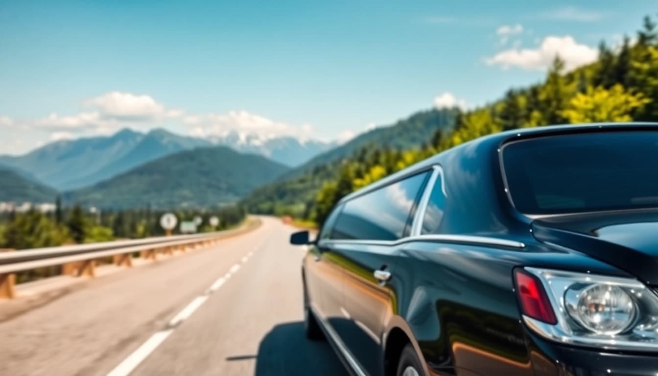 Experience premium limo service vancouver to seattle with a luxurious black limousine on a scenic highway.