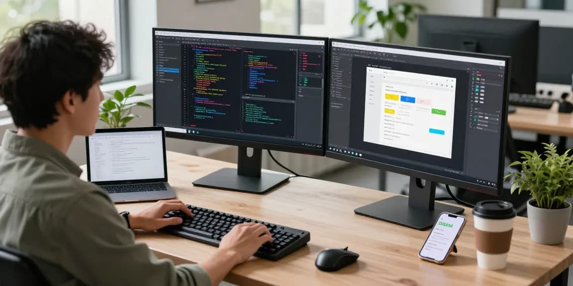 WhatsApp下載 setup in a modern workspace with developer focused on code, dual monitors displayed.
