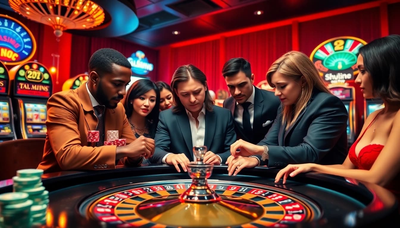 Découvrez l'excitation du meilleur casino en ligne avec des joueurs s'engageant à une table de roulette luxueuse.