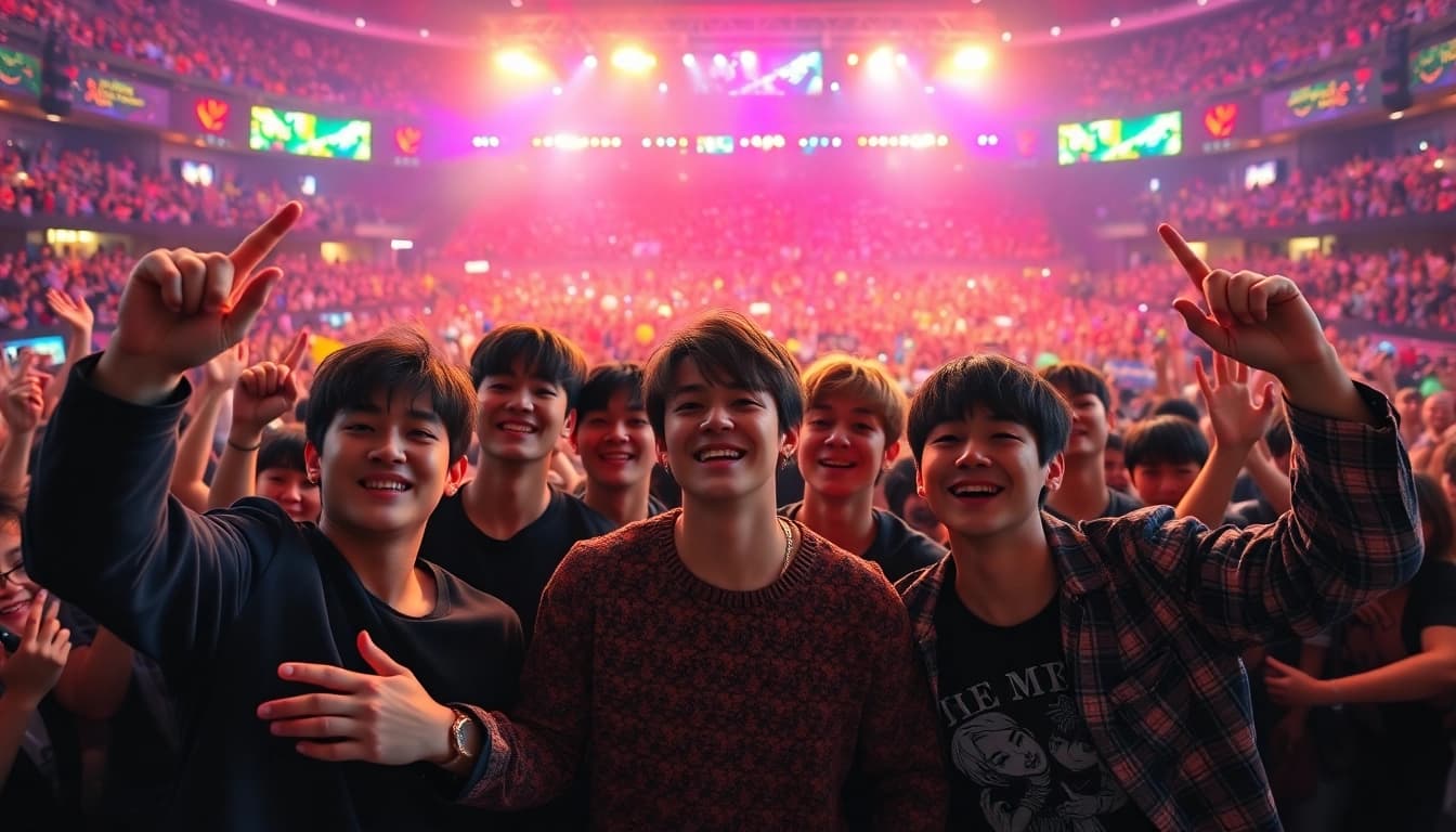 BTS news capturing the band performing live with vibrant energy and cheering fans.