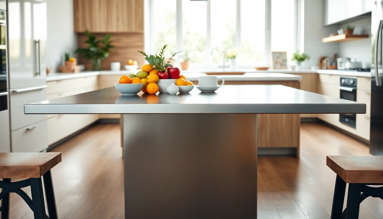 Engaging arrangement of a steel table for kitchen adorned with fresh fruits and ceramics, showcasing modern design.