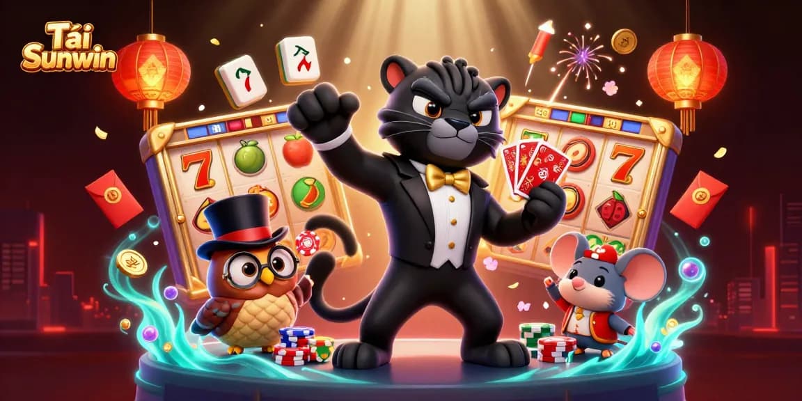 Tải Sunwin with a stylish 3D panther dealing cards in a vibrant casino scene full of games and symbols.