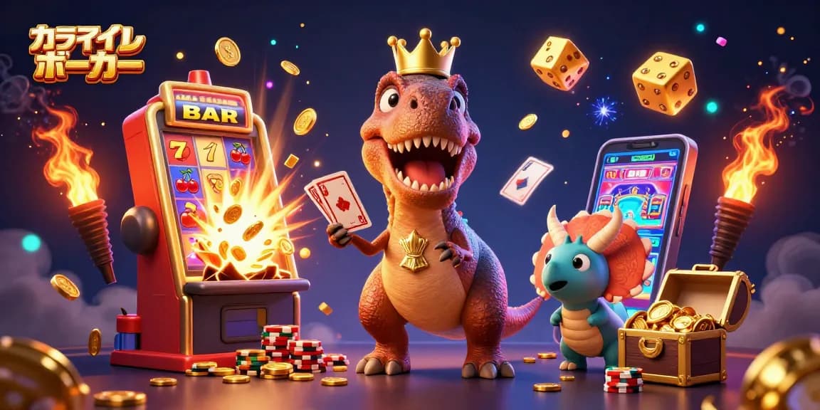 オンラインポーカーで楽しむT-Rexがカードをシャッフルするユニークなイラスト。
