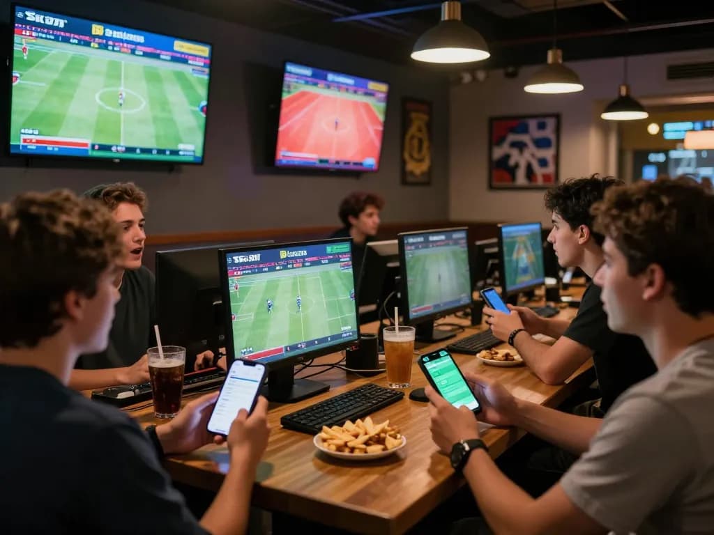 Betting excitement at sports bar with lc88 app on mobile devices showcasing live games.