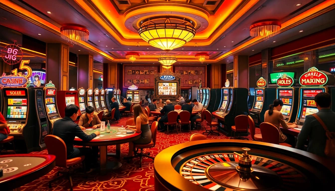Players enjoying a vibrant casino atmosphere while engaging in link mahjong alongside classic gambling games like poker and slots.
