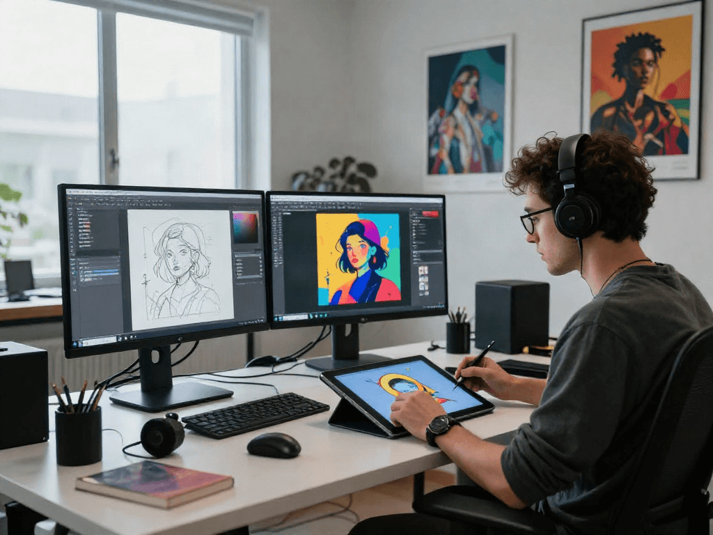 NSFW AI digital artist creating vibrant illustrations in a modern studio