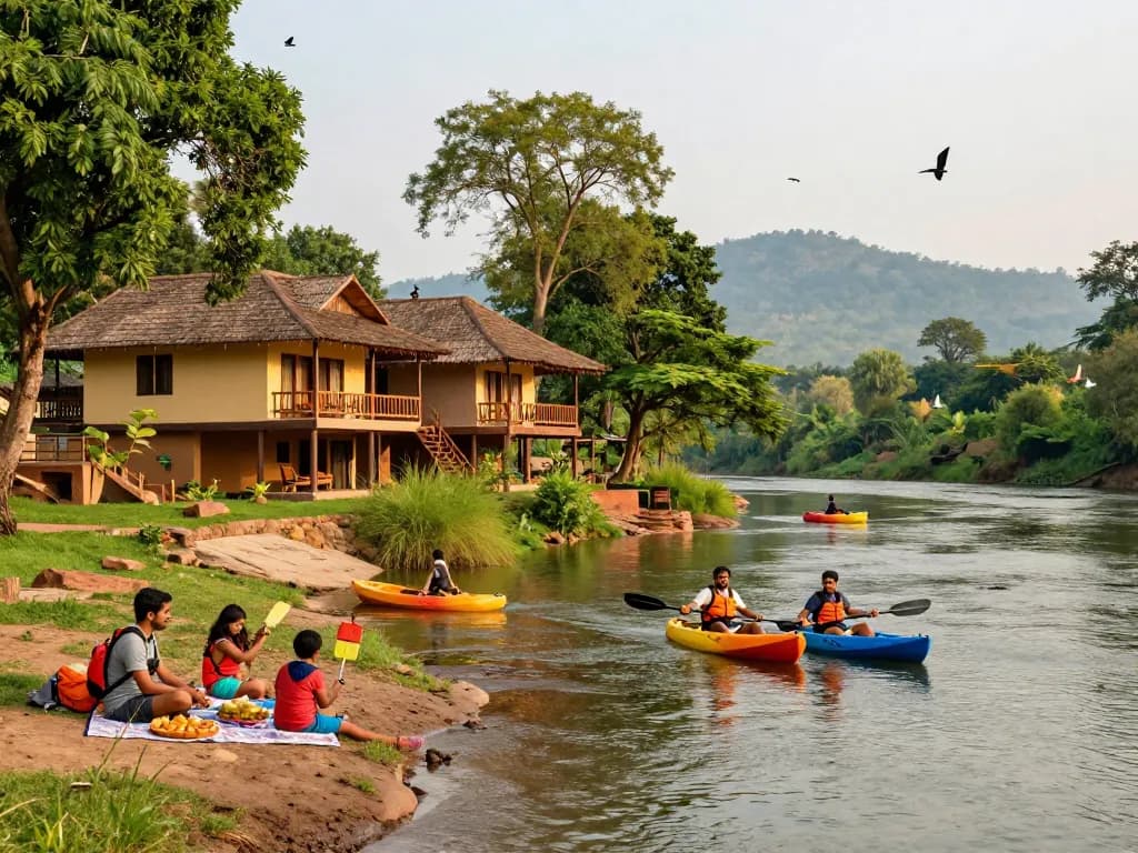 Dandeli resorts packages for family adventure with kayaking, scenic riverside views, and vibrant nature.
