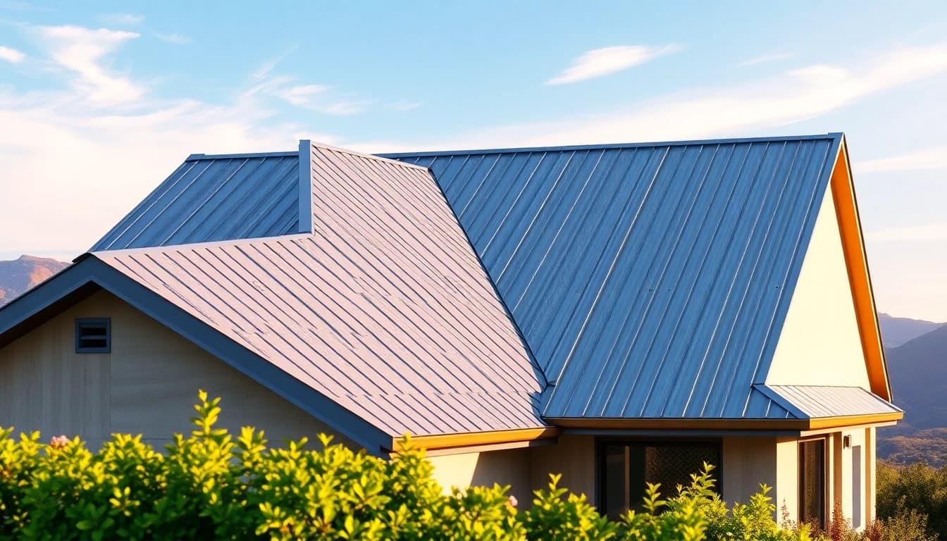 Showcase vibrant modern home with metal roofing under bright sunlight highlighting durability.