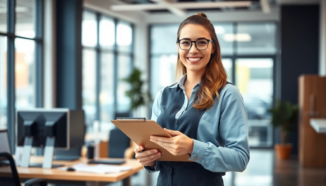 Engaging extended warranty provider representative assisting clients in a modern office.