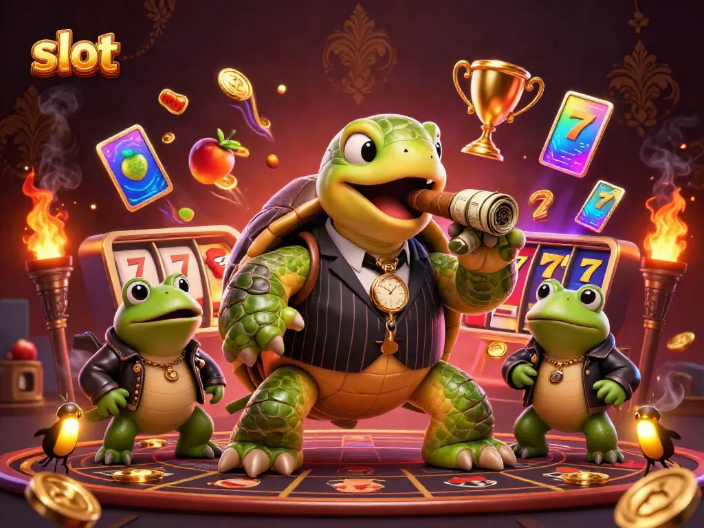 Slot menampilkan kura-kura besar dan penegak katak di kasino, dikelilingi elemen slot.