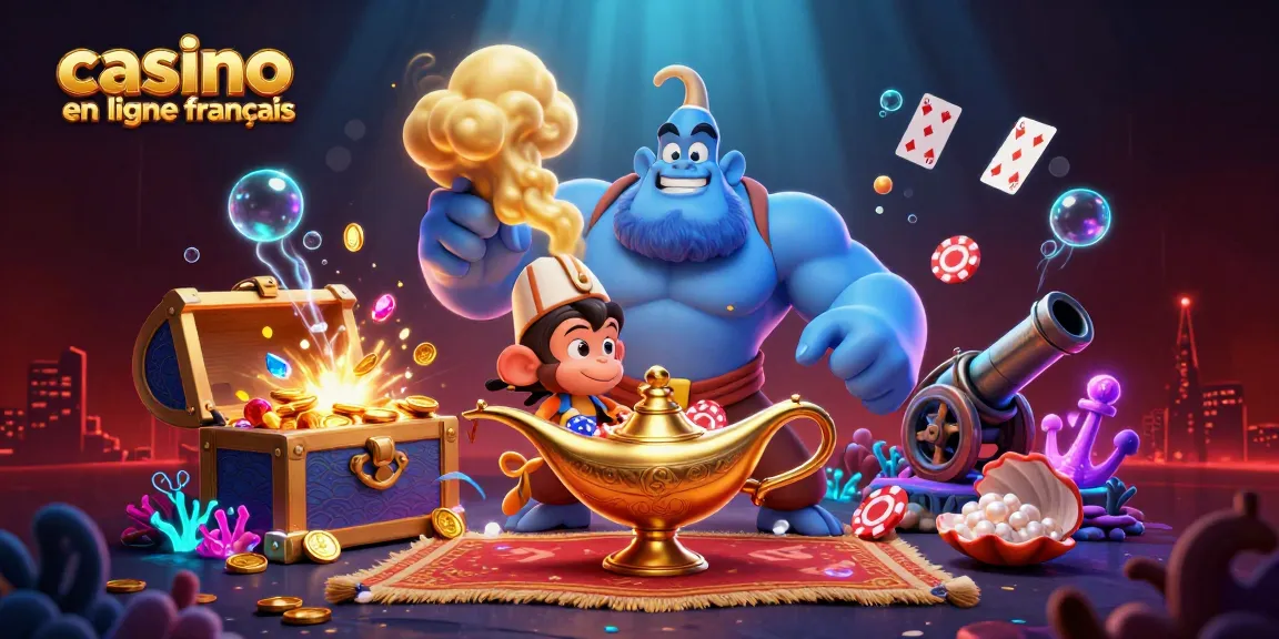 Plongez dans l'univers du casino en ligne français avec cette illustration captivante de génie et trésors marins.
