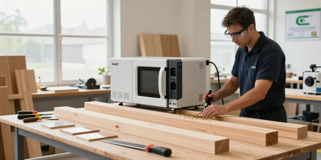 SHASHEL® microwave equipment in a wood treatment workshop eliminating wood-boring insects.