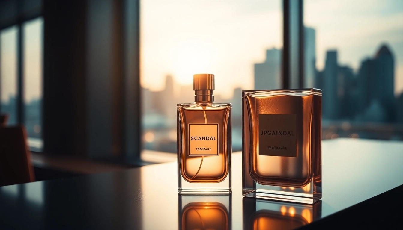Showcase the luxurious Jpg Scandal fragrance bottle in an elegant urban setting.