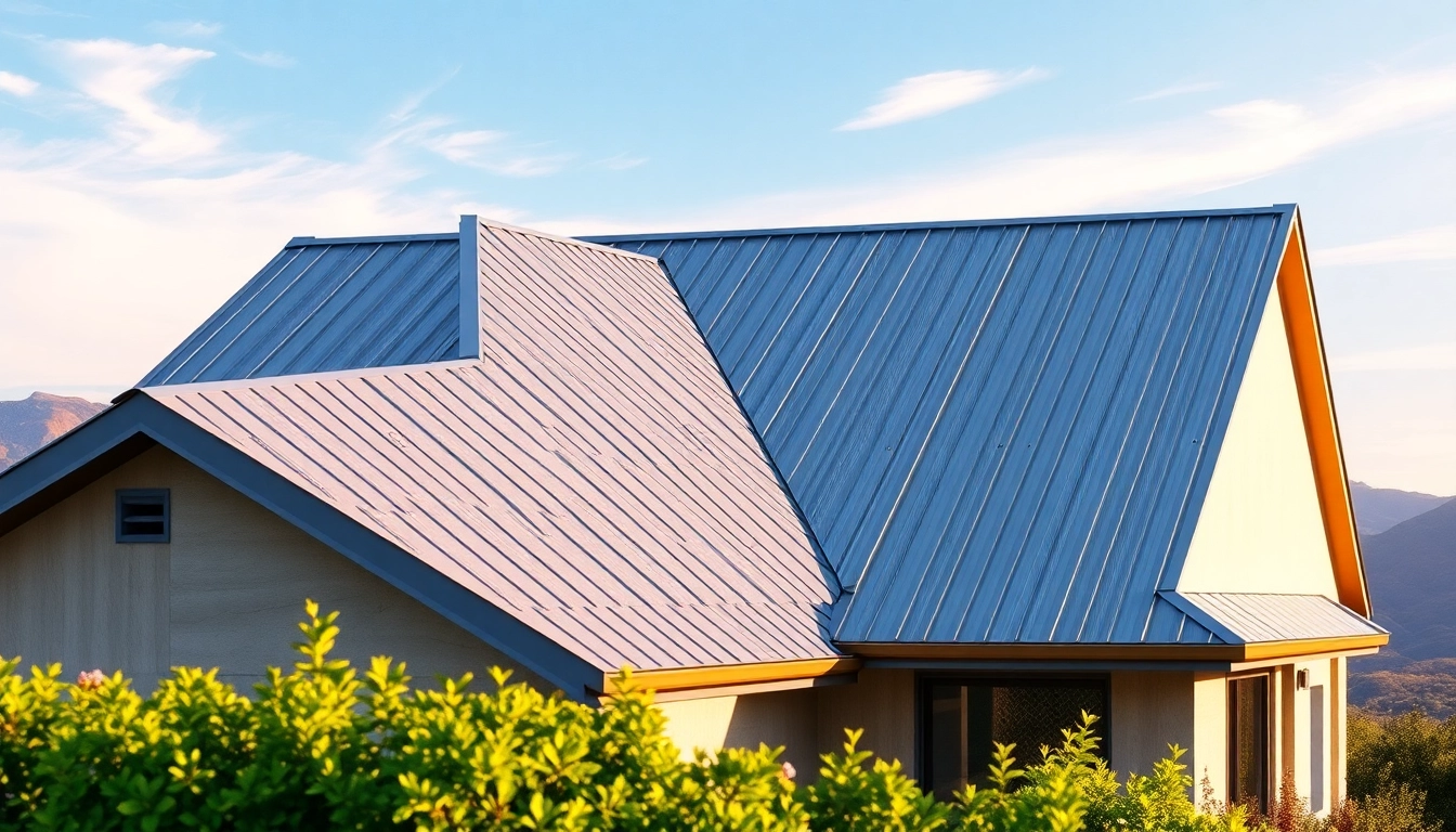 Showcase vibrant modern home with metal roofing under bright sunlight highlighting durability.