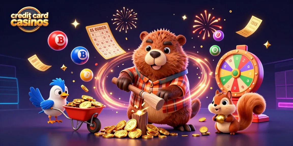 Enjoy thrilling action at credit card casinos as a beaver collects coins amid vibrant excitement.