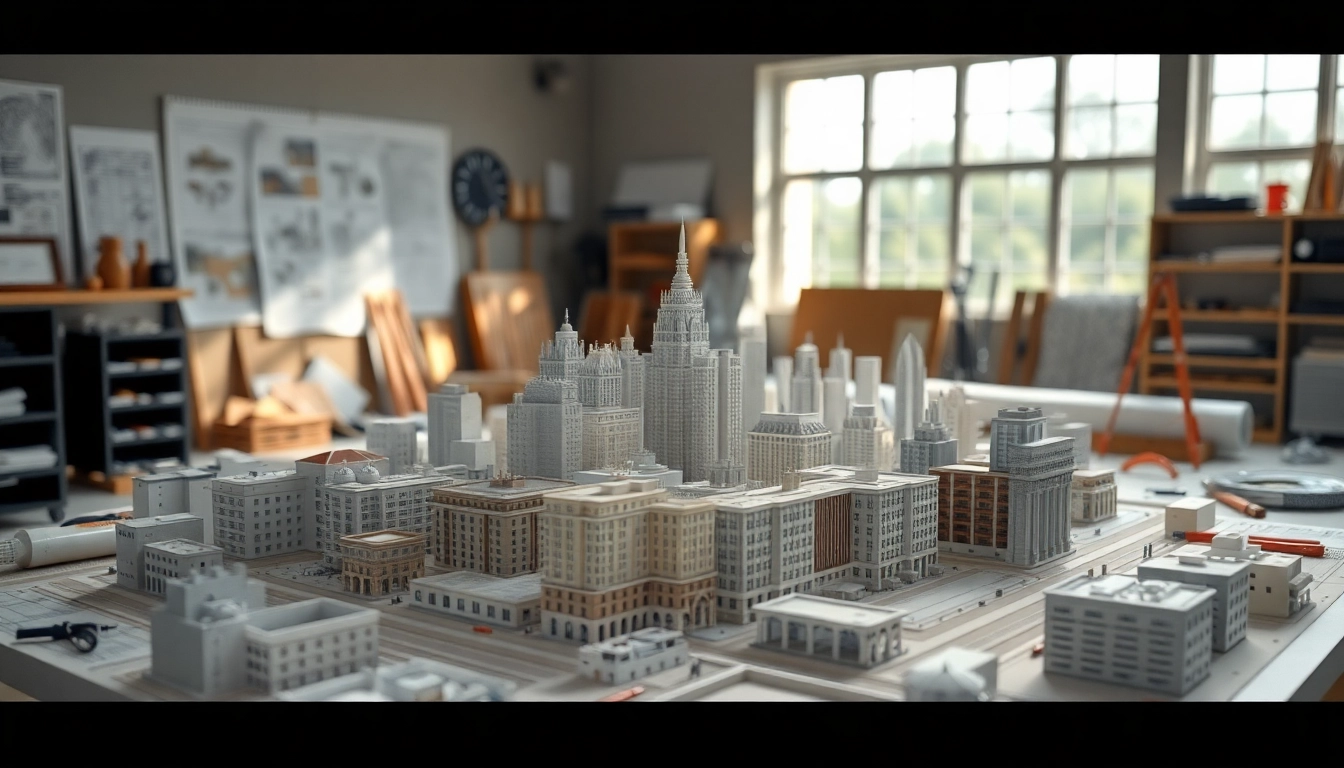 Architekturmodellbau Bielefeld mit detaillierten Stadtmodellen in einem professionellen Studio.