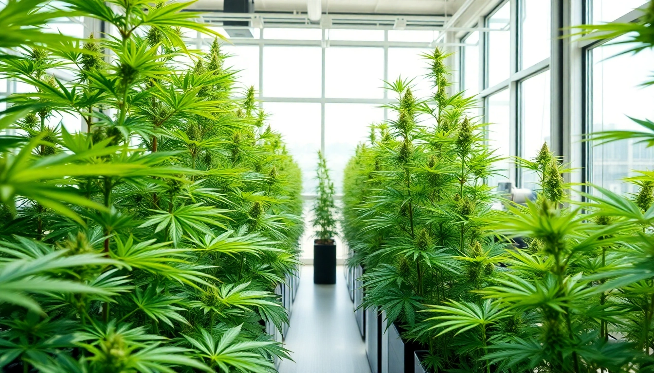 Die Blütenbande zeigt eine nachhaltige Cannabis-Anbauumgebung mit gesundem, grünem Pflanzenwachstum.