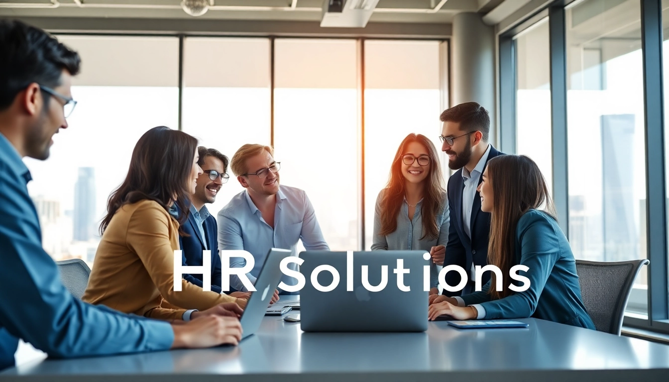 Showcasing HR solutions through a professional team collaboration in an office environment.