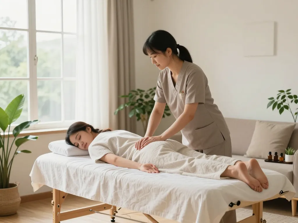 Premium home massage scene showcasing a therapist and a relaxed client, representing maxim-anma.net's effective wellness services.