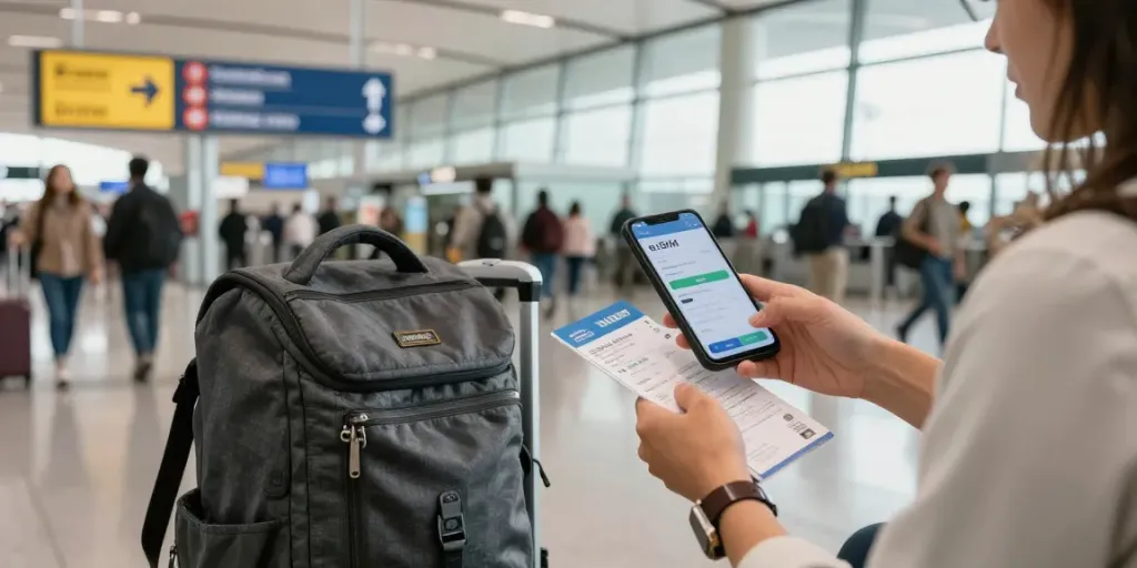 אדם בודק אפשרויות Esim לחול בשדה התעופה לפני טיסה, עם מזוודות ורקע של שלטים צבעוניים
