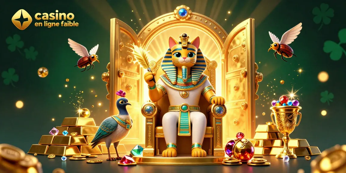 Explorez un casino en ligne fiable avec des personnages égyptiens sur un trône doré, entourés de trésors.