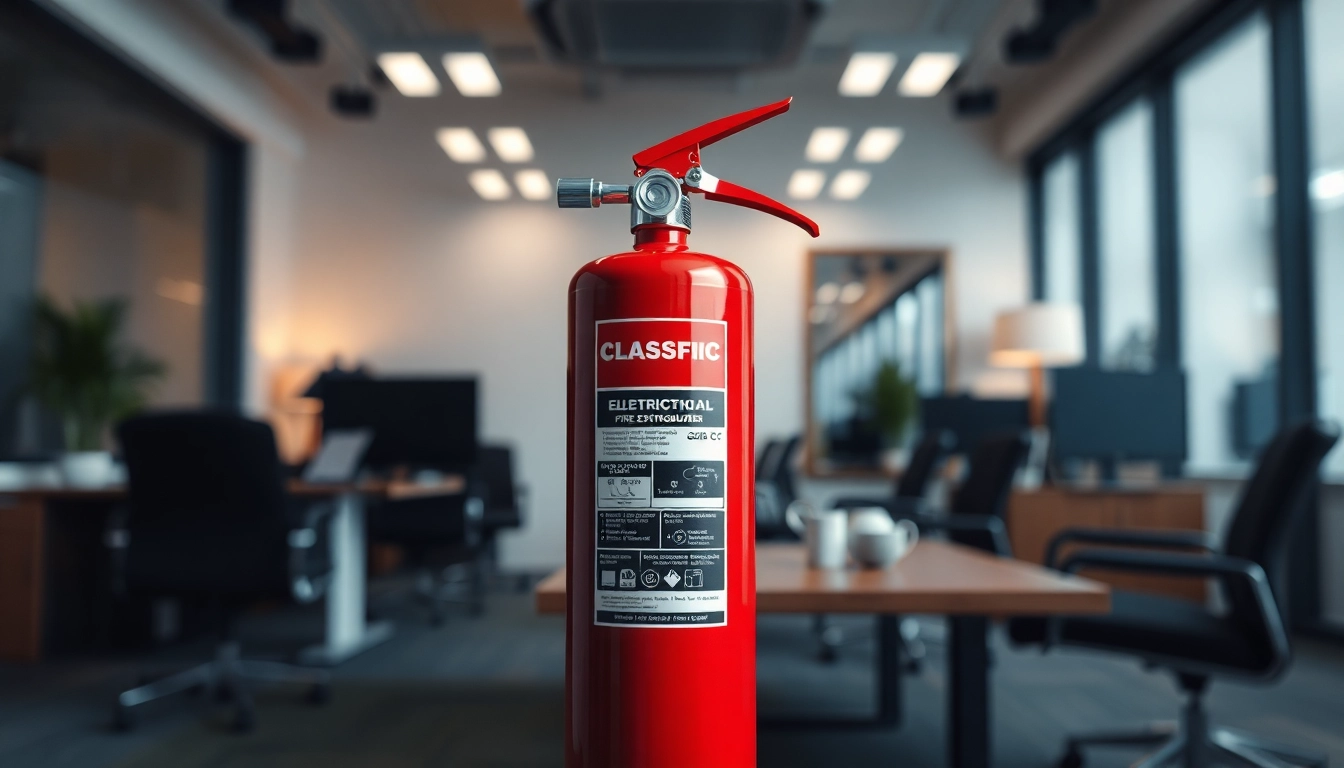 Showcasing an electrical fire extinguisher in a modern office environment for safety awareness.