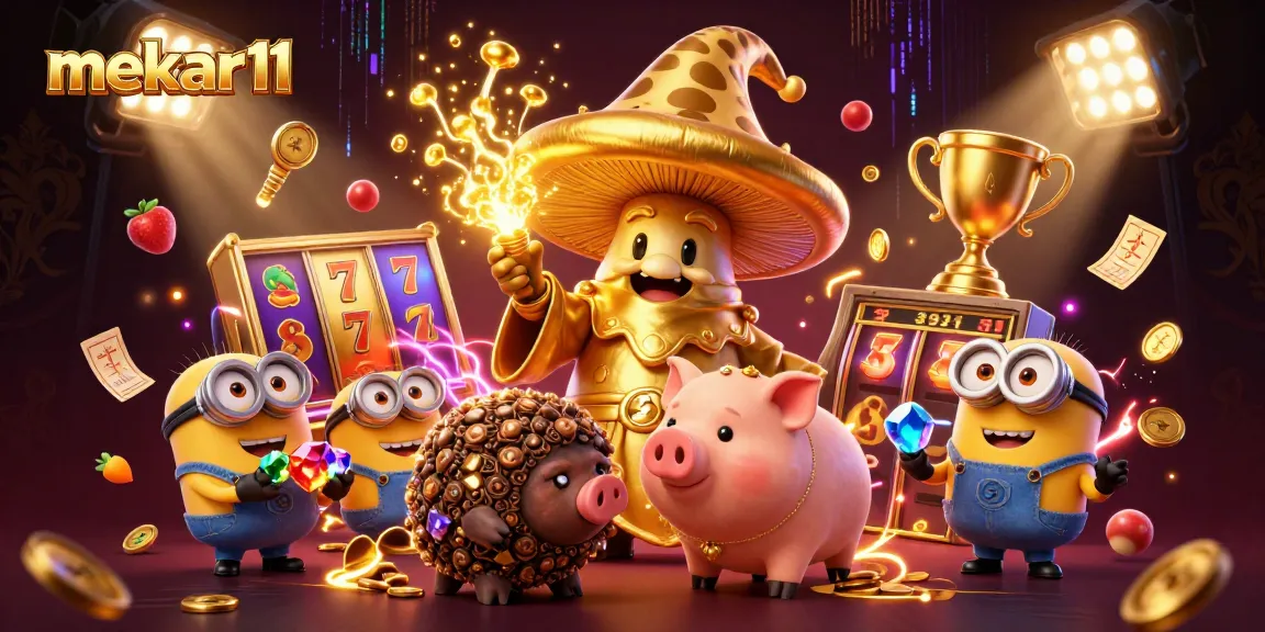Experience the excitement of mekar11 slot games with golden magic and treasures in a vibrant casino scene.