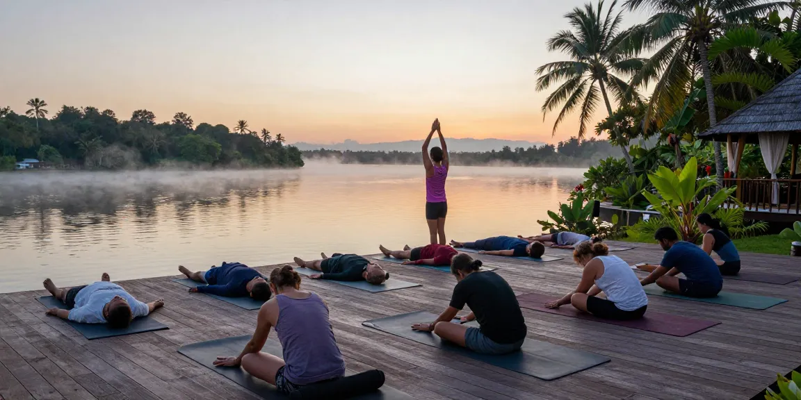 Yoga retreat Sri Lanka participants practicing sunrise yoga on a tranquil lakefront.