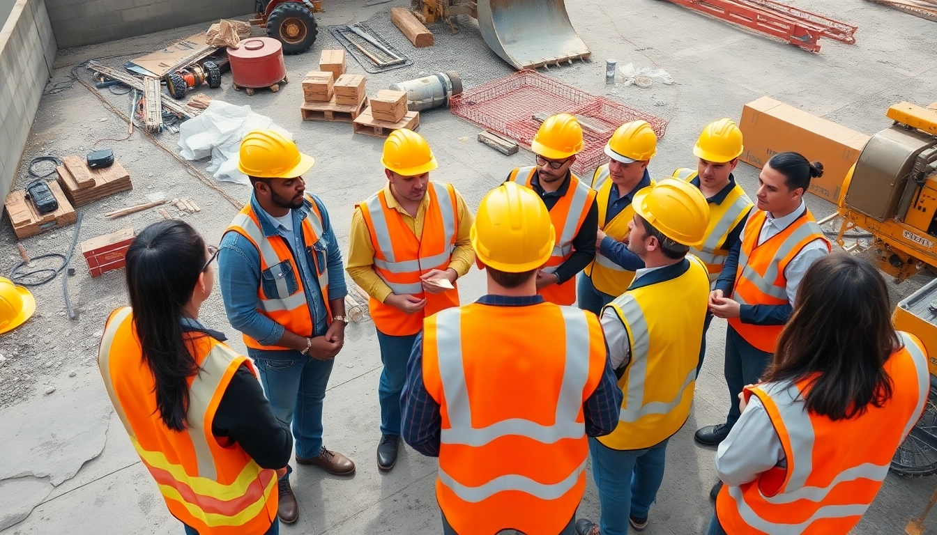 Construction site safety training session with professionals learning safety practices and equipment handling.