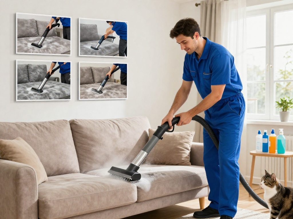 Profesjonalne pranie tapicerki Panda Cleaner w przytulnym salonie, z użyciem parownicy do sofy.
