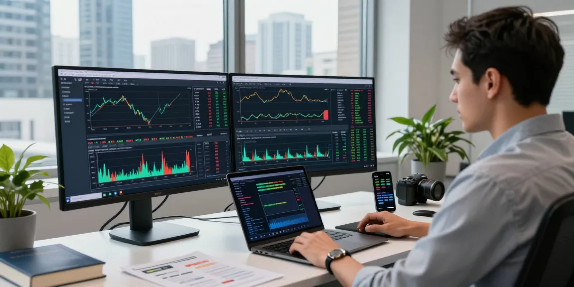 Trader analyzing financial data on MetaTrader 5 in a modern office.