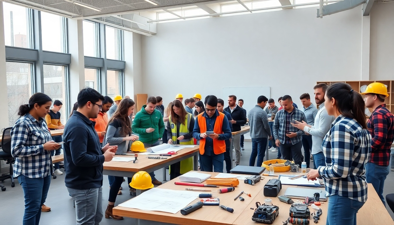 Engaged learners in construction training programs working with tools in a dynamic classroom setting.