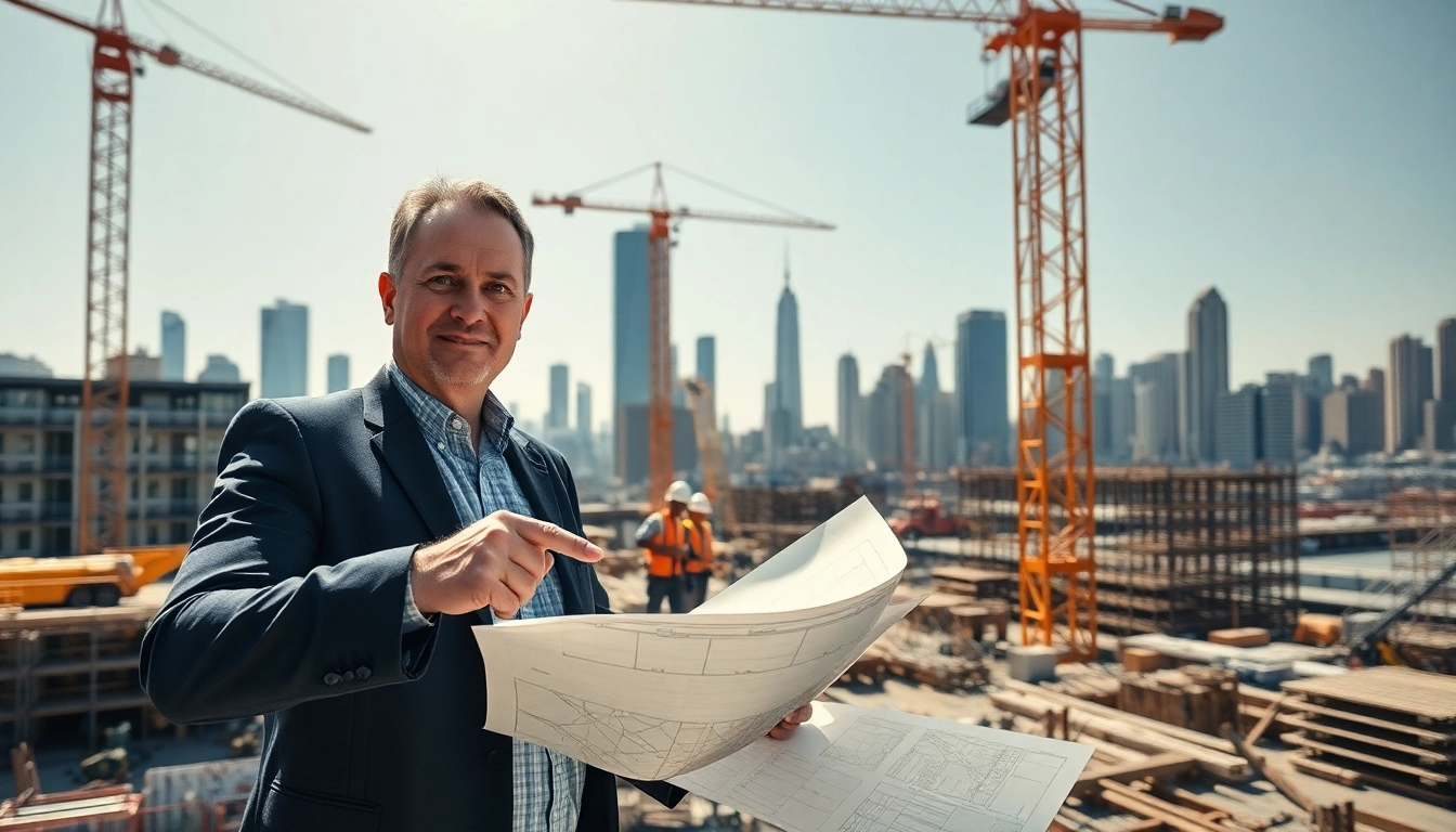 New York Construction Manager directing a busy construction site with plans in hand.