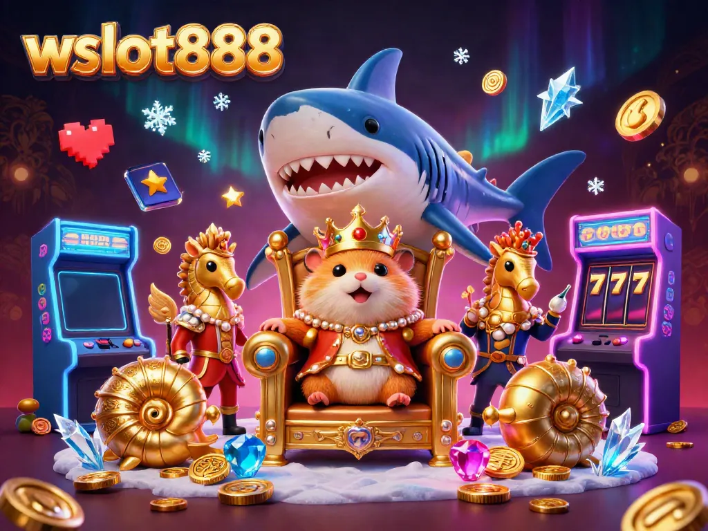 Mengambil posisi sebagai raja, hamster emas kecil dikelilingi oleh elemen slot dan peluang menang di wslot888.