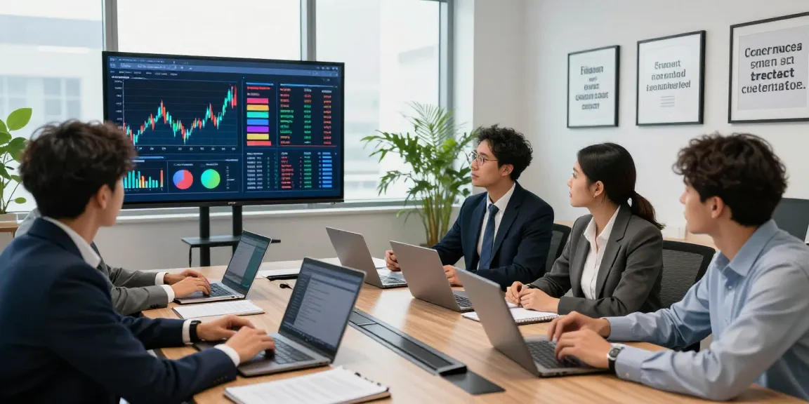 Team analyzing financial crime intelligence data in a modern office setting, with diverse experts engaged in discussion.
