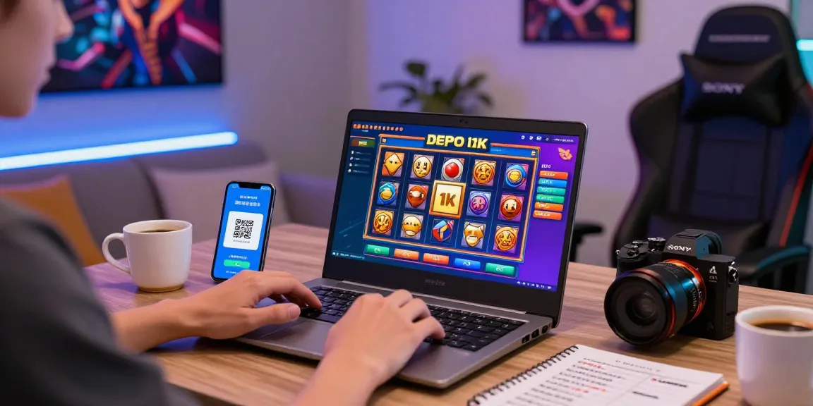 Engaging online gaming experience with slot depo 1k games displayed on a laptop screen in a vibrant home setting.