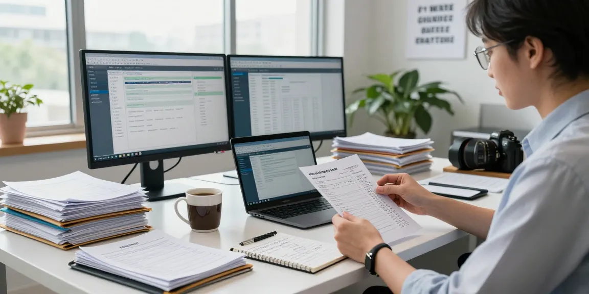 Detect fraud receipt analysis in a professional legal office with receipts and analytical tools.