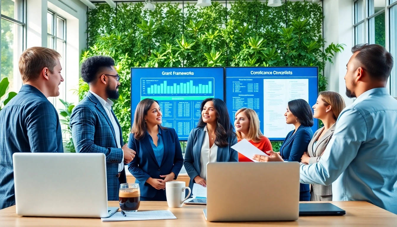 Consultants discussing grants and pre-post award compliance in a modern office environment.